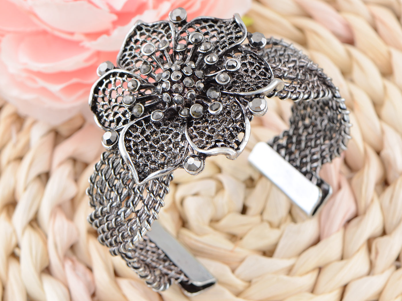 Silver Weave Braid Flower Bangle Cuff Bracelet