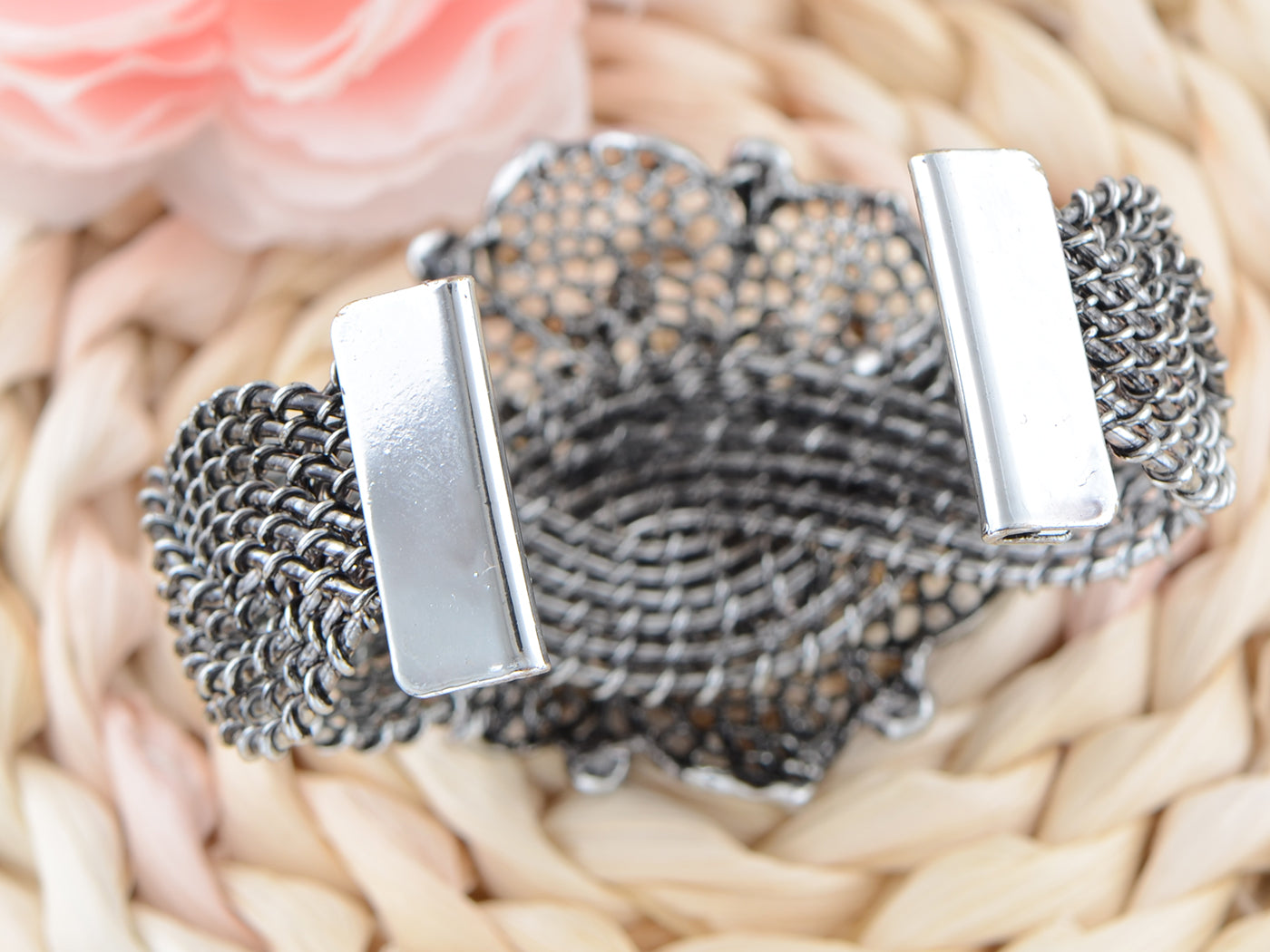 Silver Weave Braid Flower Bangle Cuff Bracelet