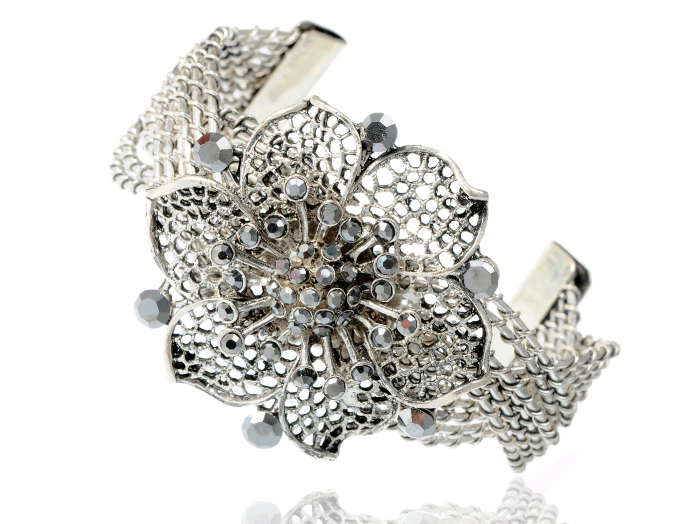 Silver Weave Braid Flower Bangle Cuff Bracelet