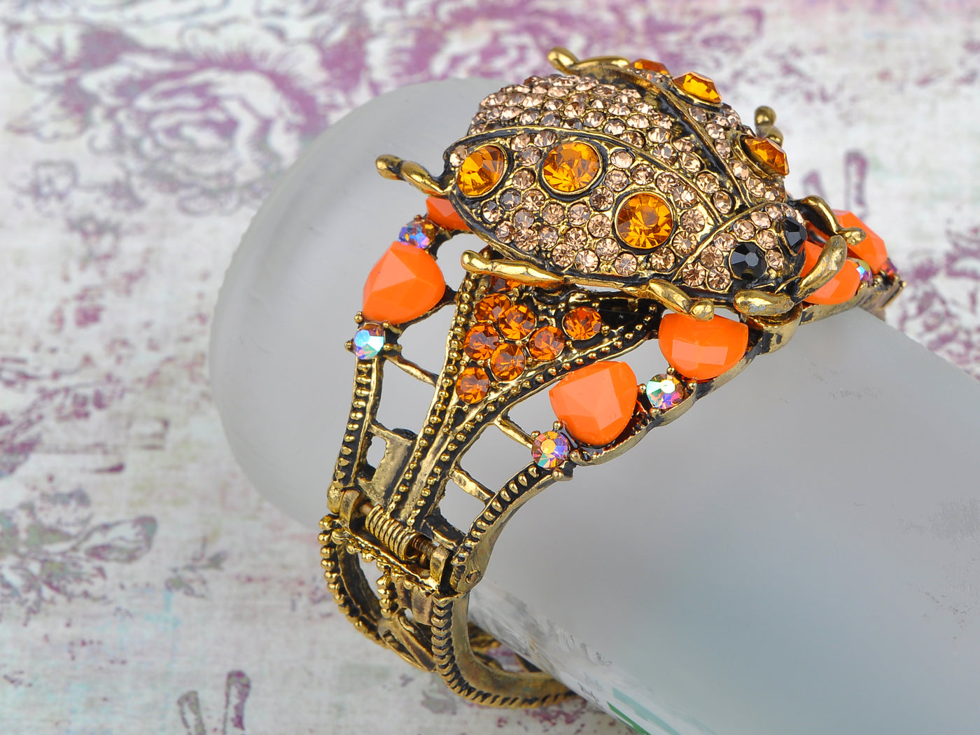 Antique Topaz Colored Orange Ladybug Insect Cuff Bracelet