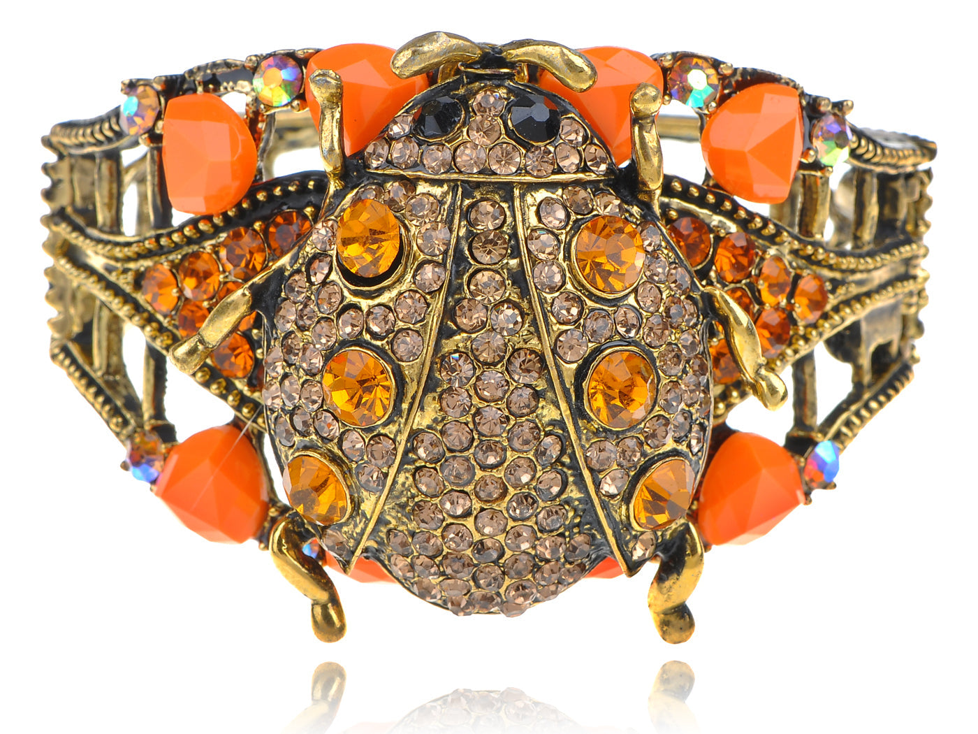 Antique Topaz Colored Orange Ladybug Insect Cuff Bracelet