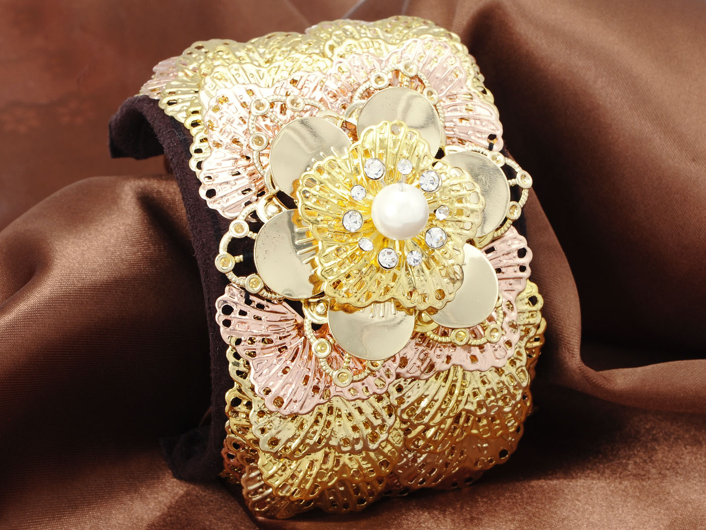 Flower Petal Burst Pearl Brown Band Bracelet