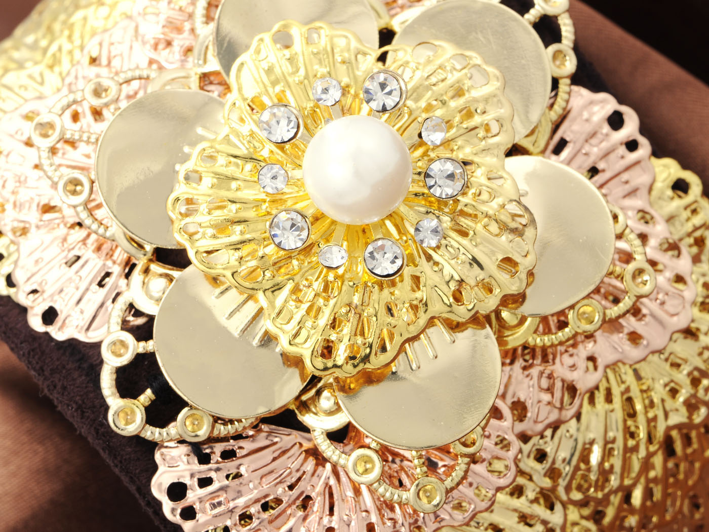 Flower Petal Burst Pearl Brown Band Bracelet