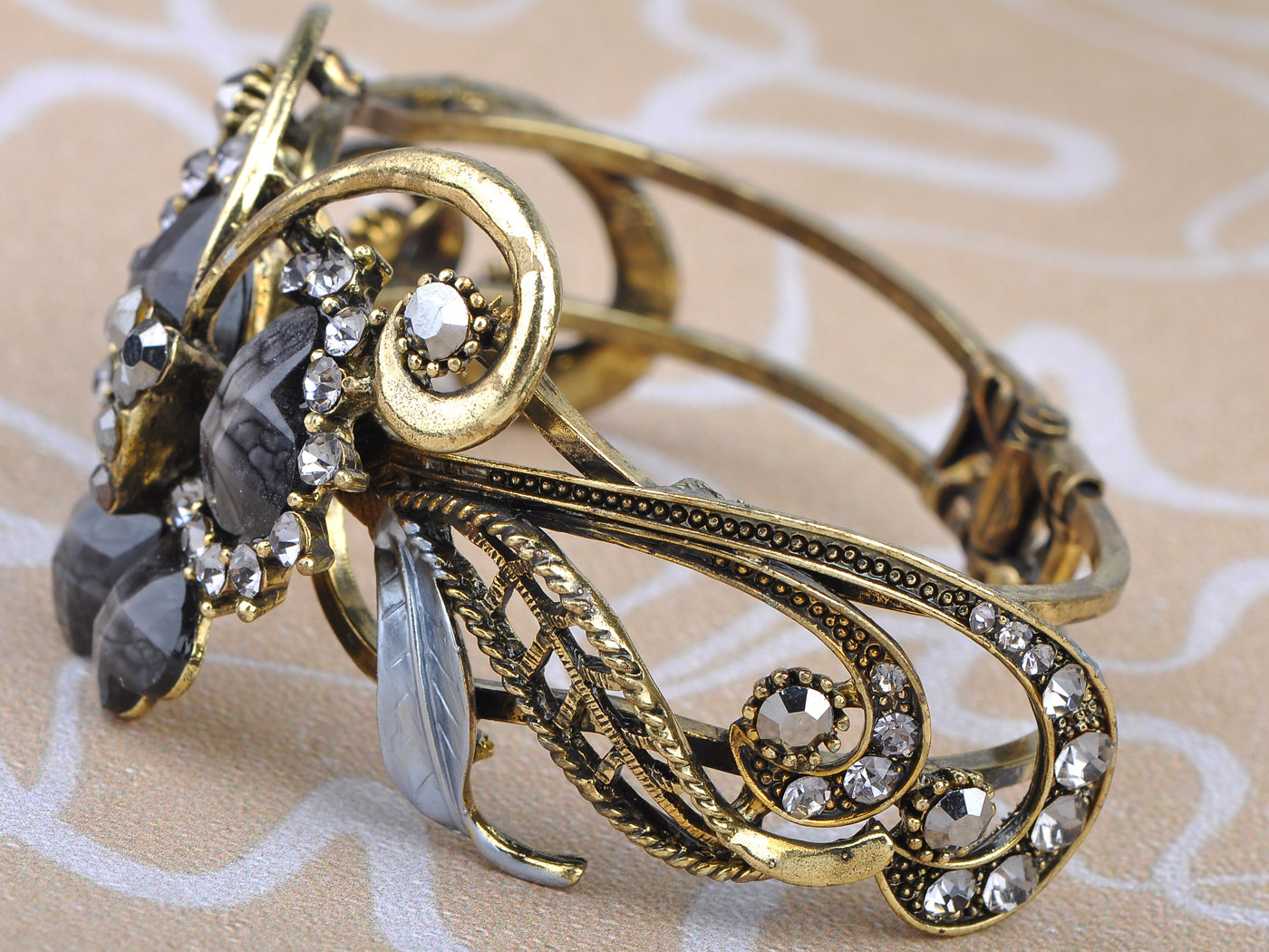 Grey Heart Bead Love Butterfly Cuff Bracelet Bangle