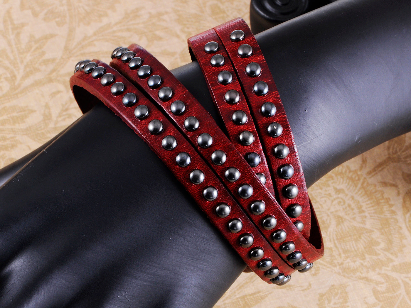 Mahogany Brown Multi Strand Leather Stud Wrapped Wrist Band Bracelet