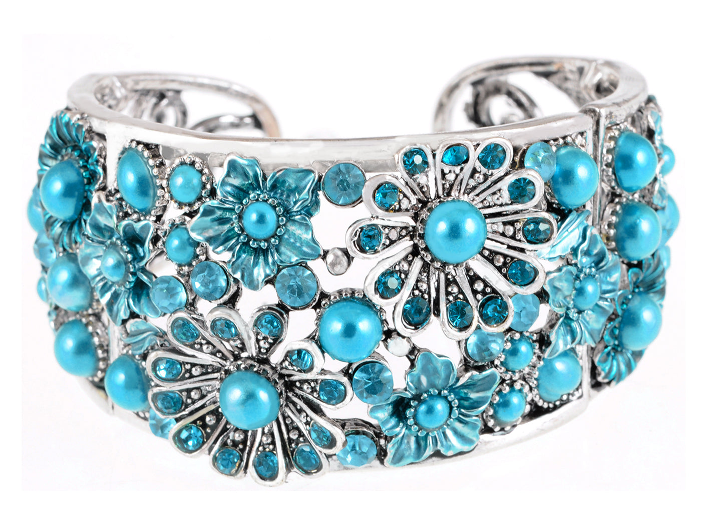 Sapphire Painted Flower Teal Teardrop Cuff Bangle Bracelet