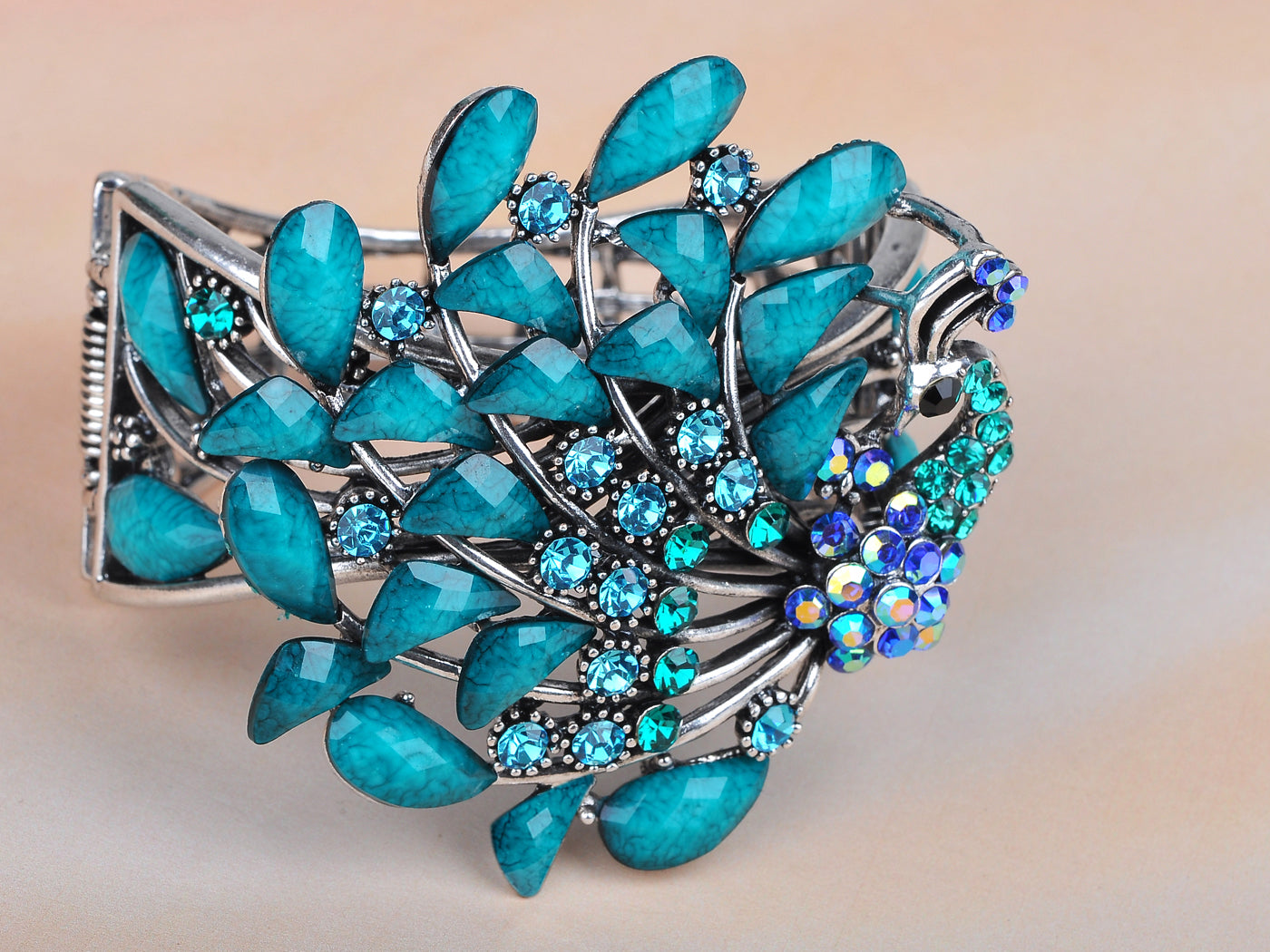 Antique Turquoise Blue Gems Enamel Peacock Bracelet Bangle