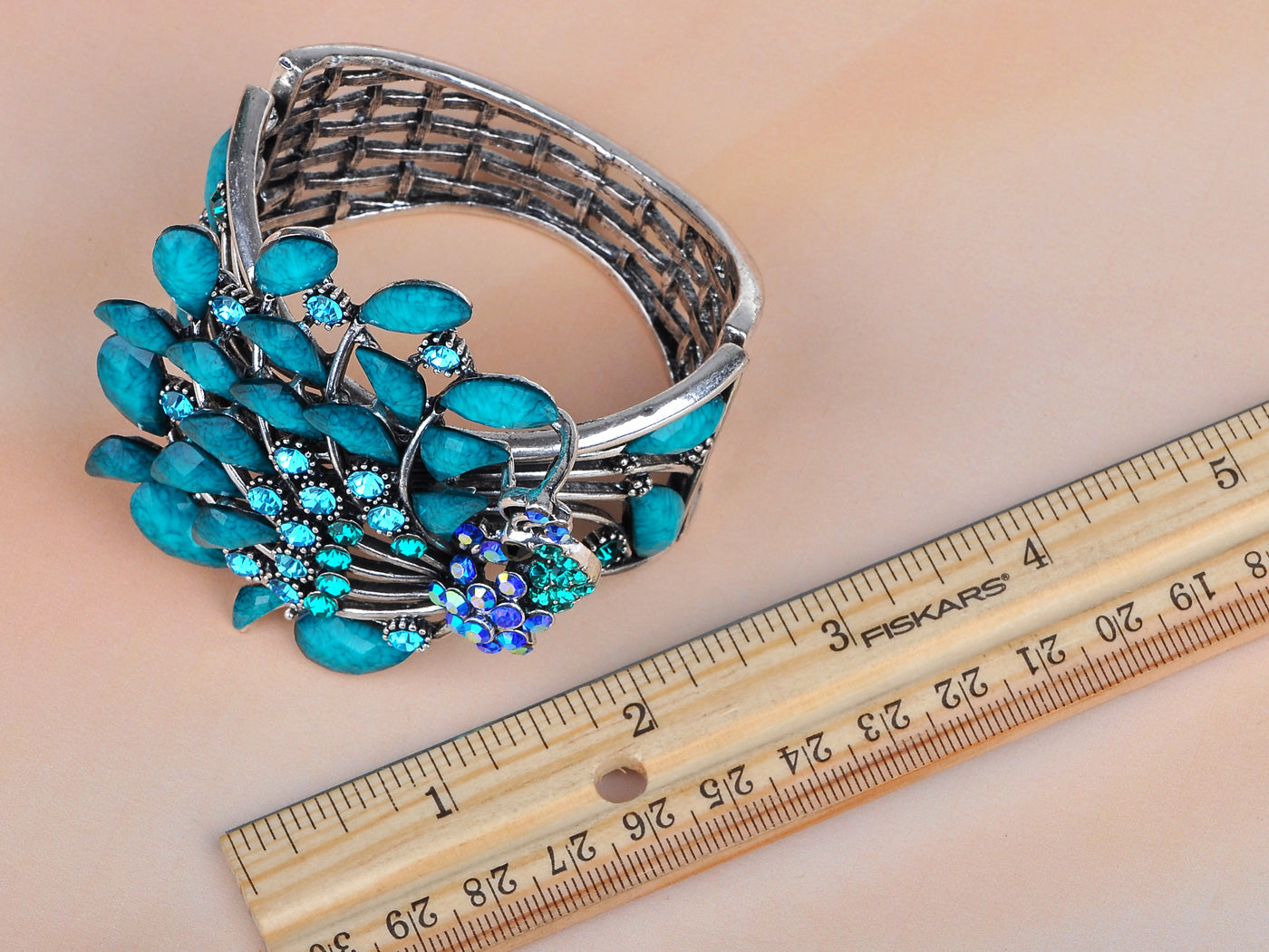 Antique Turquoise Blue Gems Enamel Peacock Bracelet Bangle