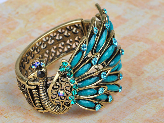 Vintage Peacock Bangle Bracelet With Turquoise Blue Gems