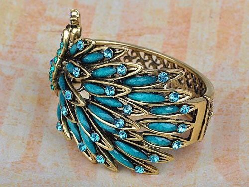 Vintage Peacock Bangle Bracelet With Turquoise Blue Gems