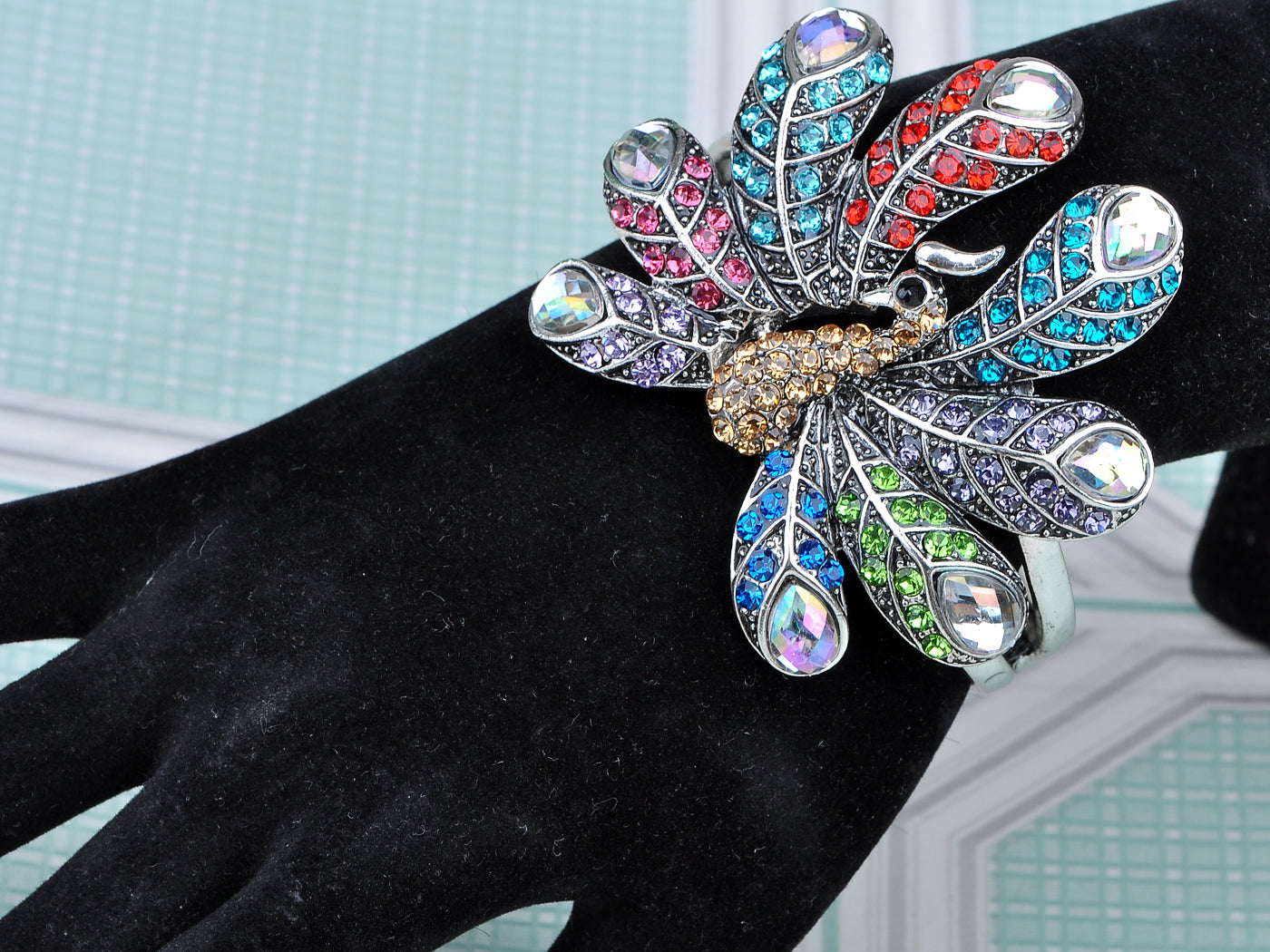 Colorful Multicolored Ab Teardrop Pave Peacock Bird Bracelet Cuff