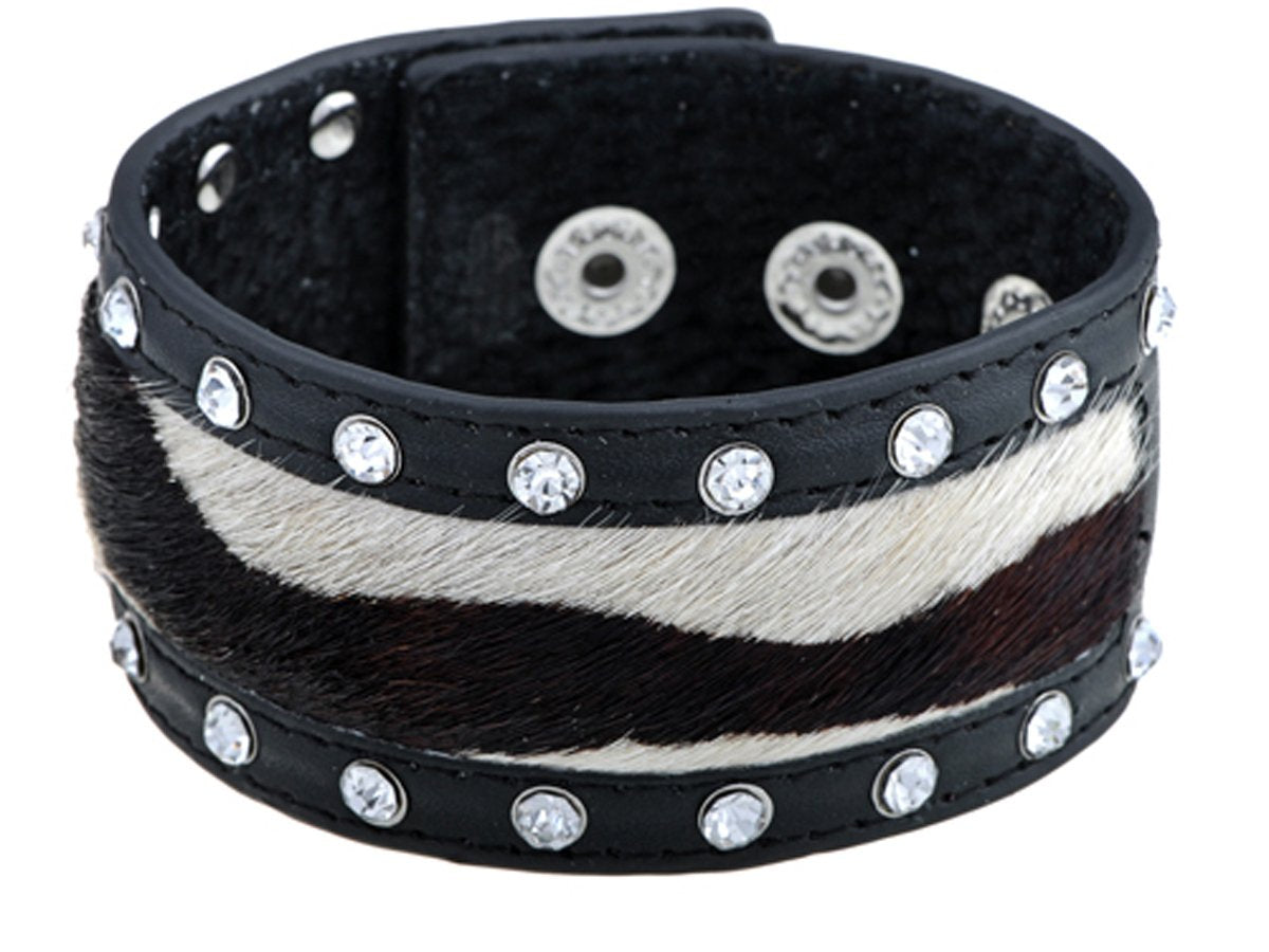 Black Leather Multi Strand Studded Beads Snap On Arm Cuff Bracelet