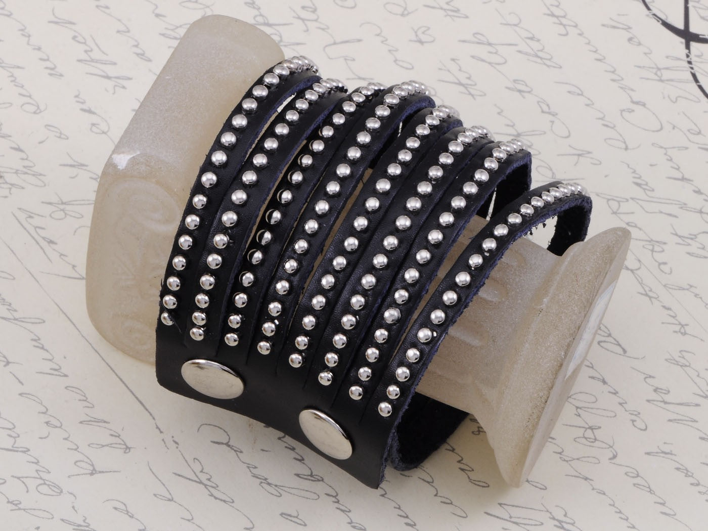 Black Leather Multi Strand Studded Beads Snap On Arm Cuff Bracelet