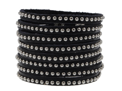 Black Leather Multi Strand Studded Beads Snap On Arm Cuff Bracelet