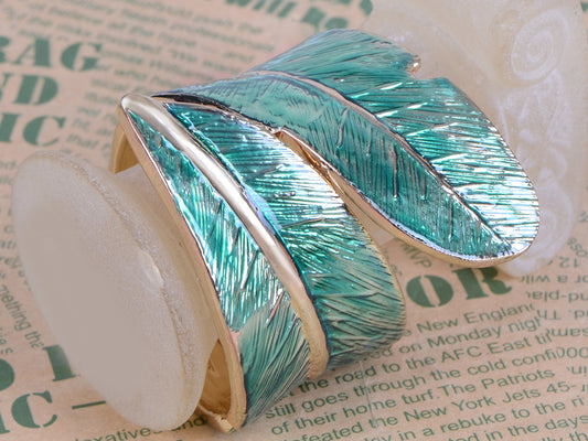 Autumn Double Leaf Blue Enamel Textured Life Like Boho Bangle Bracelet