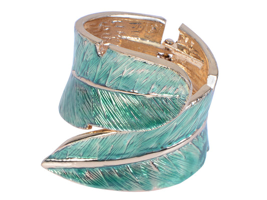 Autumn Double Leaf Blue Enamel Textured Life Like Boho Bangle Bracelet