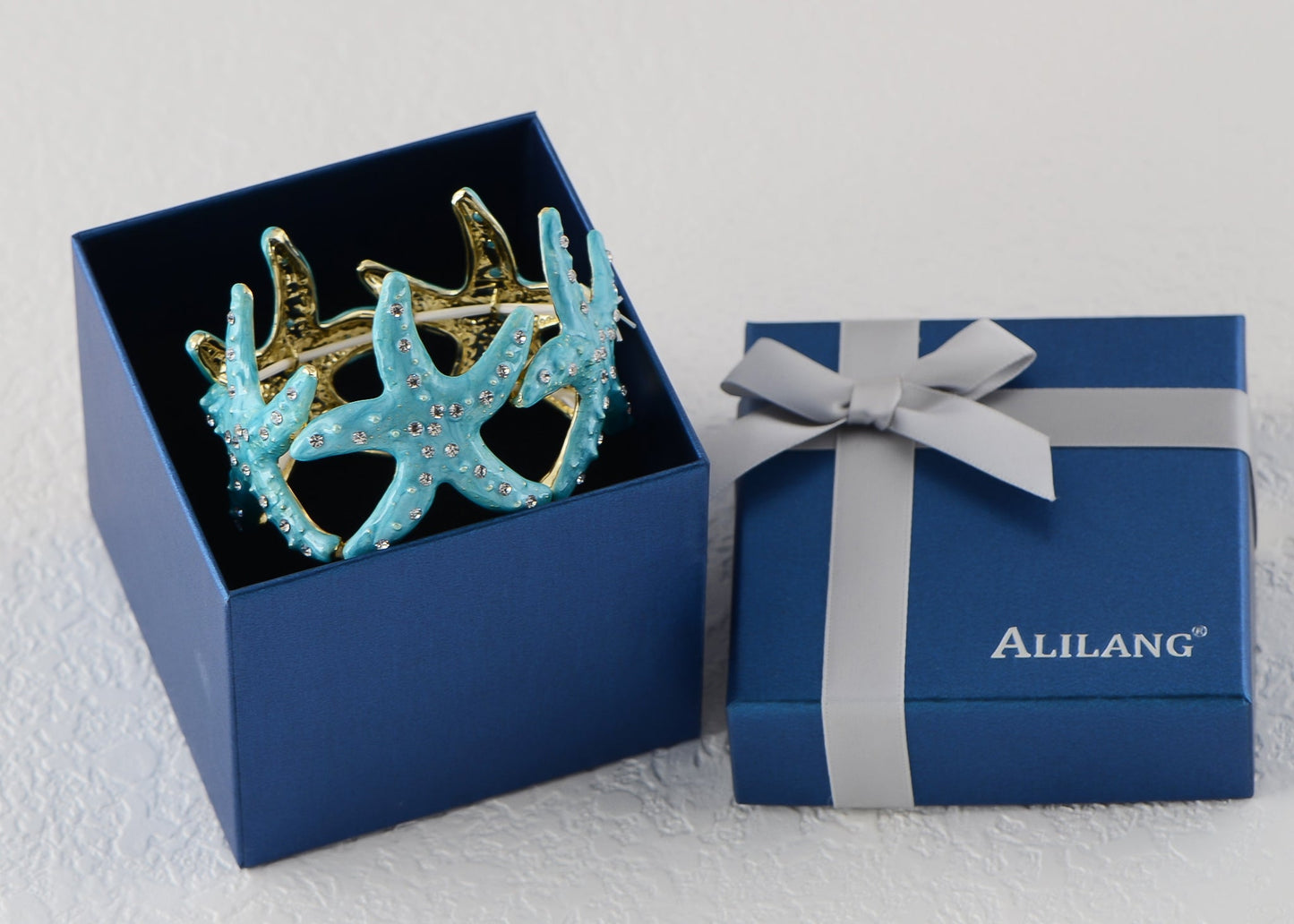 Alilang Womens Sparkly Aurora Borealis Crystals Textured Starfish Stretch Bangle Cuff Statement Bracelet