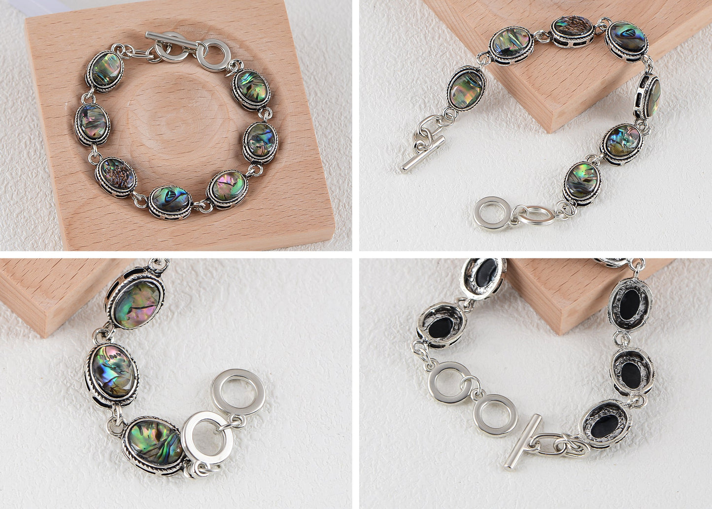 Alilang Natural Abalone Shell Bracelet Exquisite Retro Geometric Shape Silvery Tone Link Bracelet