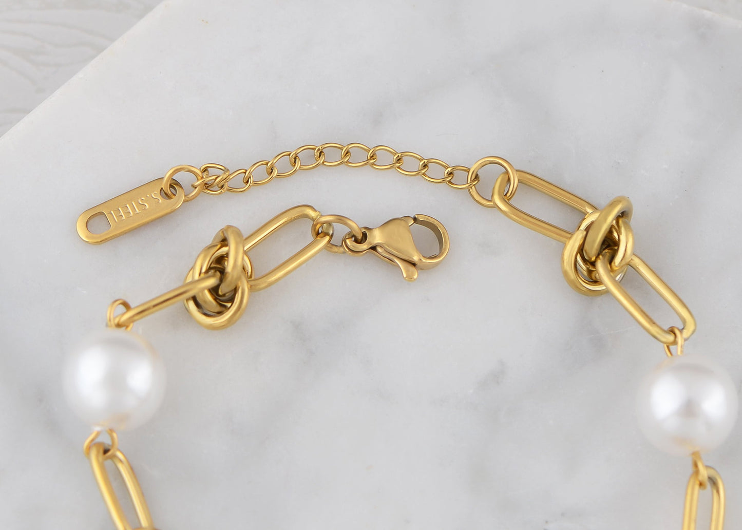 18K Gold-Plated Pearl Link Bracelet - Stainless Steel Pearl Bead Chain Bracelet Boho Chic Jewelry for Valentine's Day Birthdays