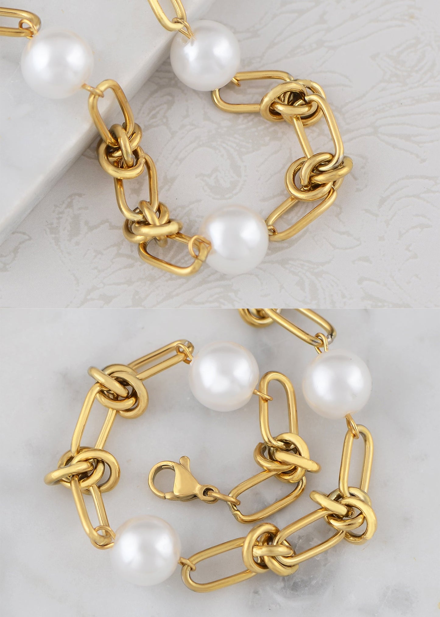 18K Gold-Plated Pearl Link Bracelet - Stainless Steel Pearl Bead Chain Bracelet Boho Chic Jewelry for Valentine's Day Birthdays