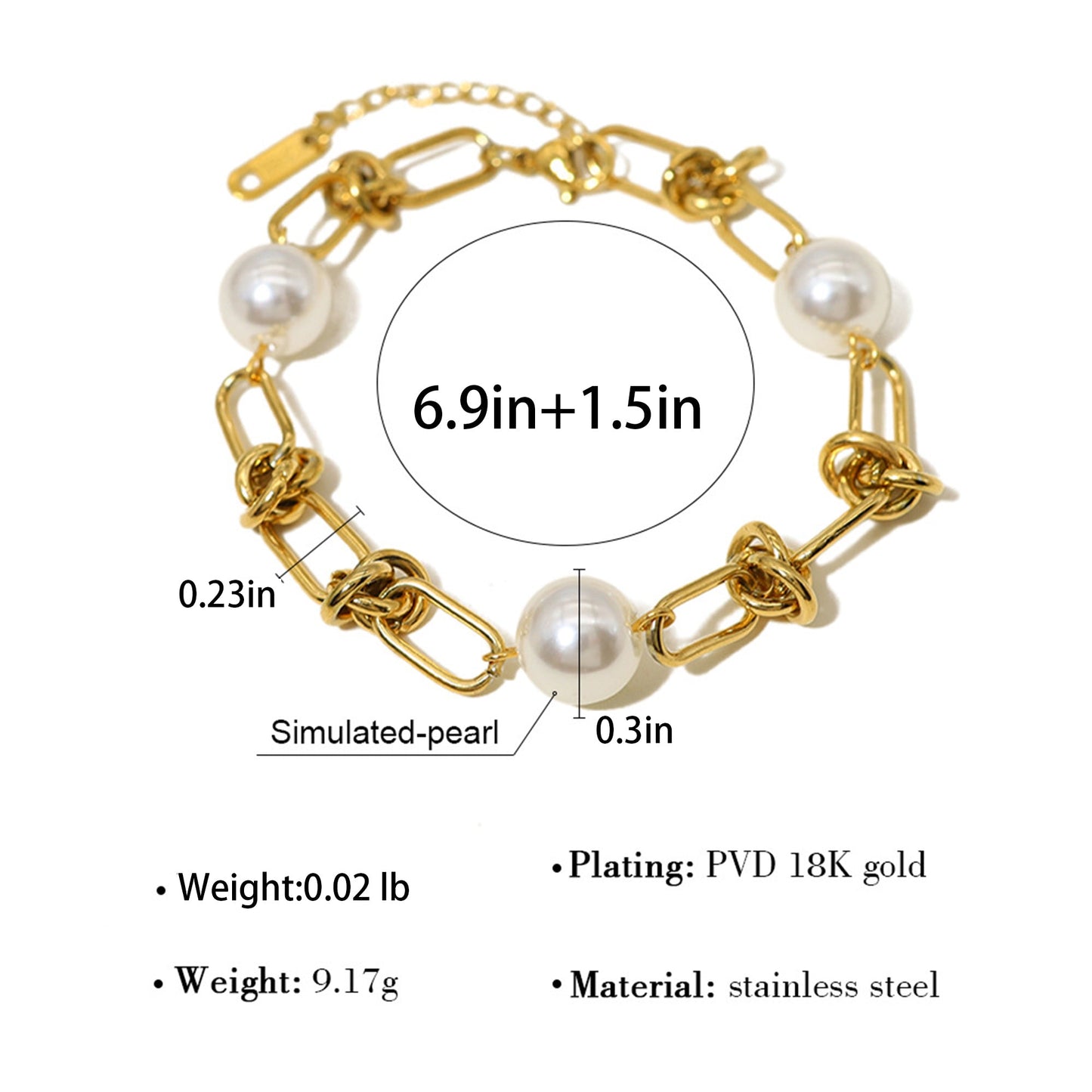 18K Gold-Plated Pearl Link Bracelet - Stainless Steel Pearl Bead Chain Bracelet Boho Chic Jewelry for Valentine's Day Birthdays