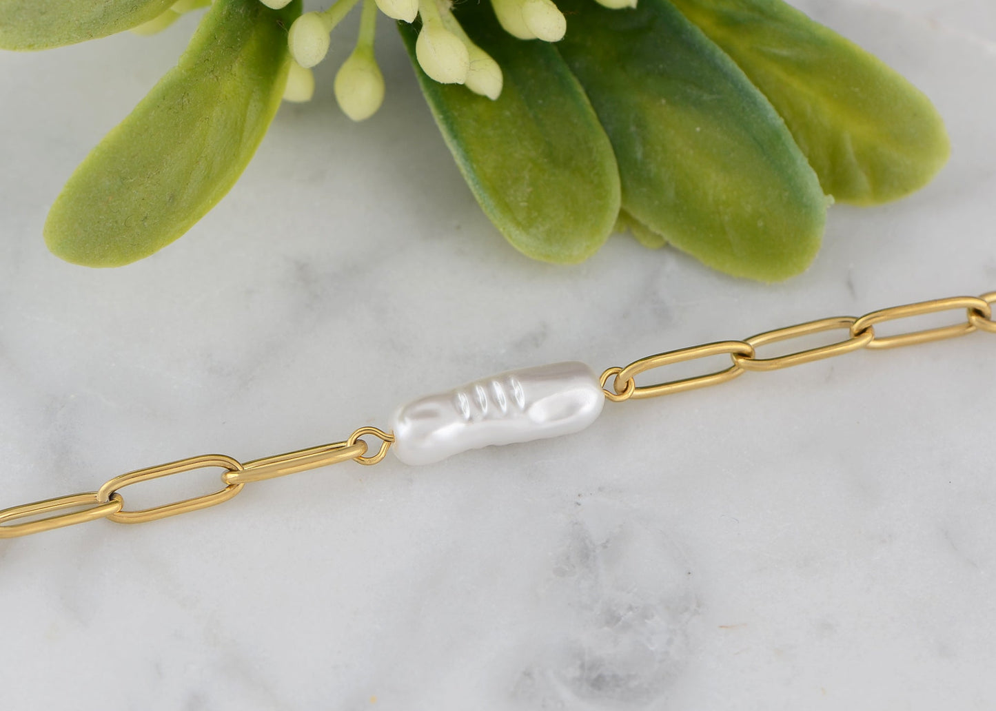 18K Gold-Plated Pearl Link Bracelet - Stainless Steel Pearl Bead Chain Bracelet Boho Chic Jewelry for Valentine's Day Birthdays