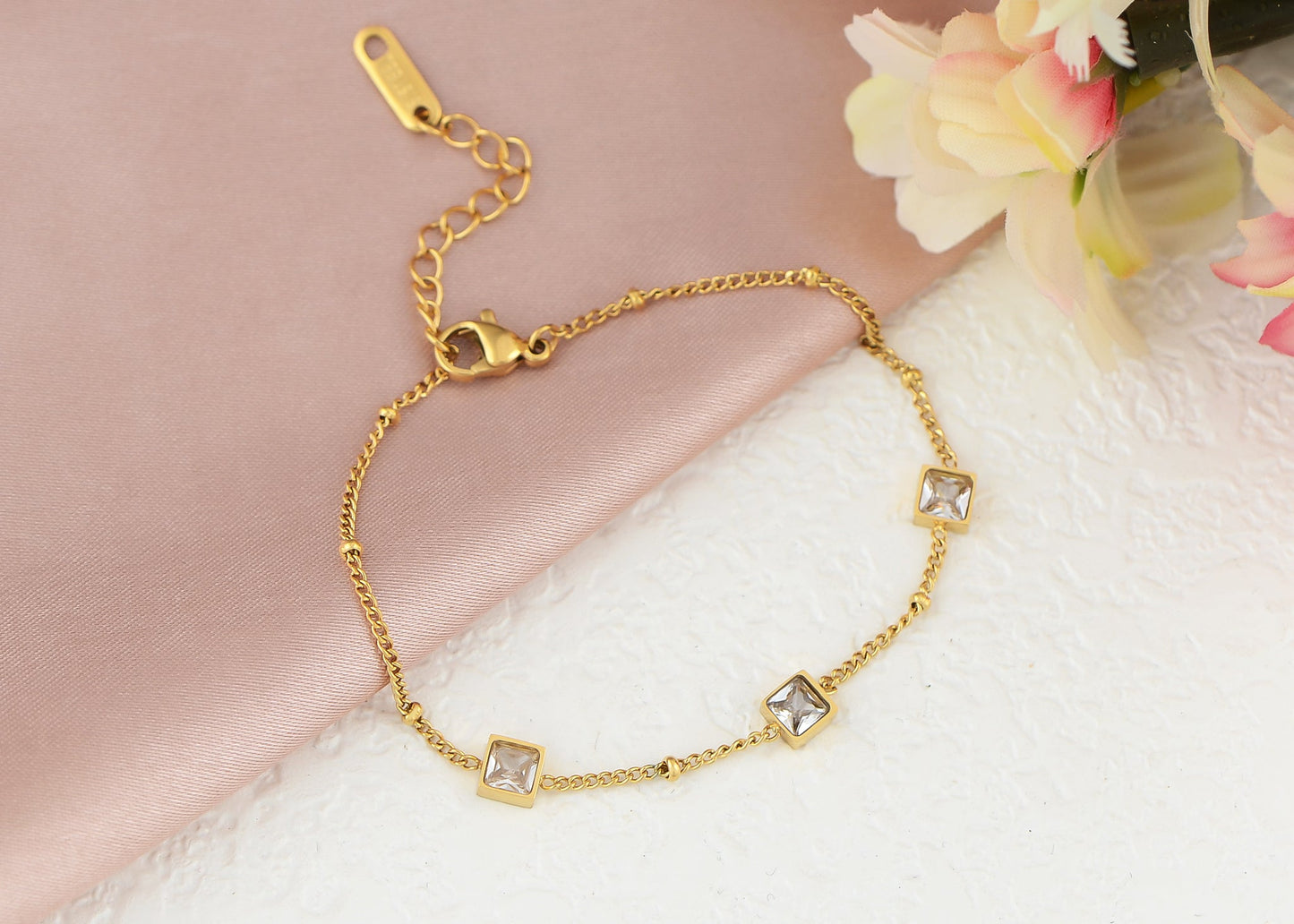 18K Gold Zircon Link Bracelet with Crystal rhinestone Elegant Charm Bridal Wedding Jewelry