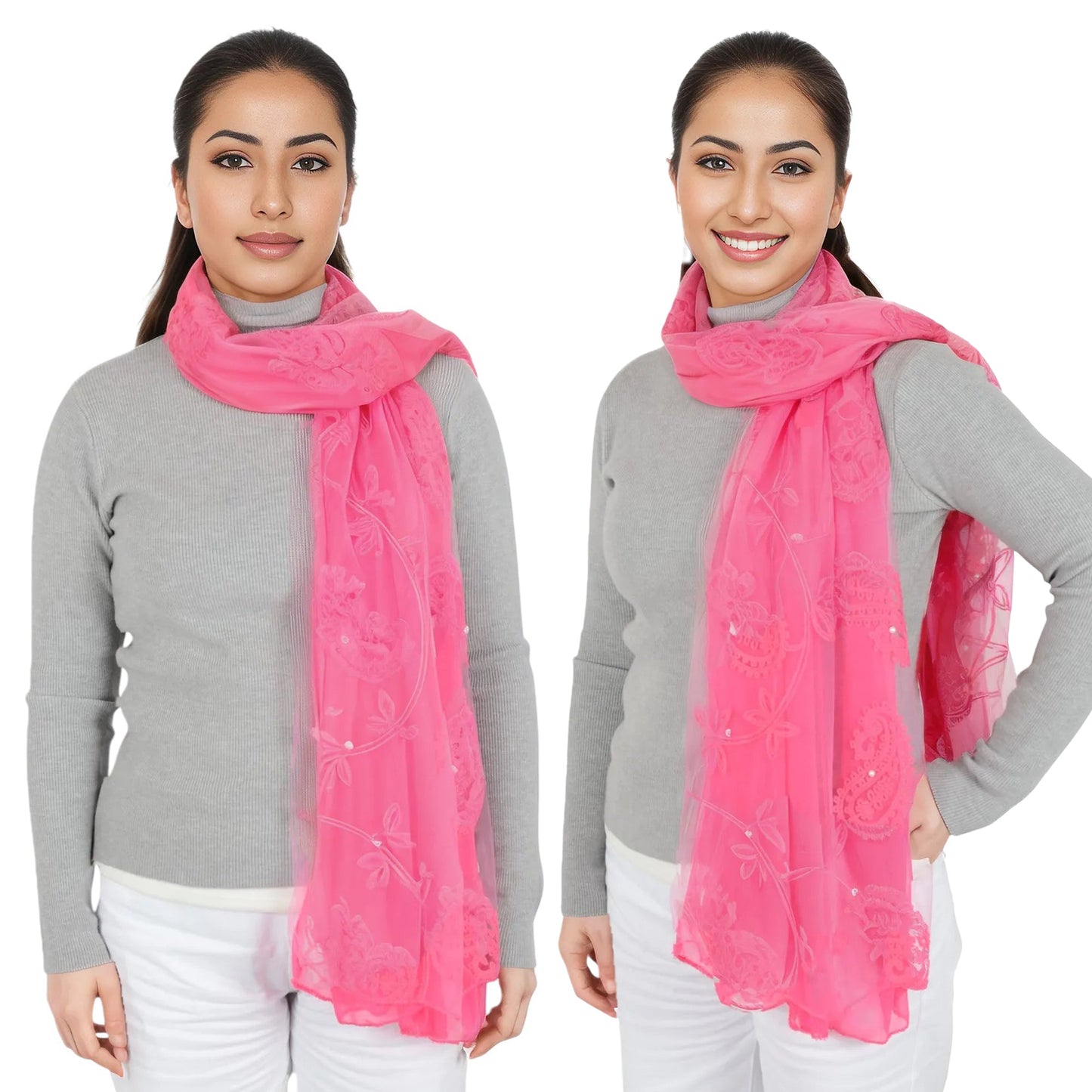 Embroidered Floral Lace Scarf Solid Double Layered Faux Pearls Long Wrap Scarf