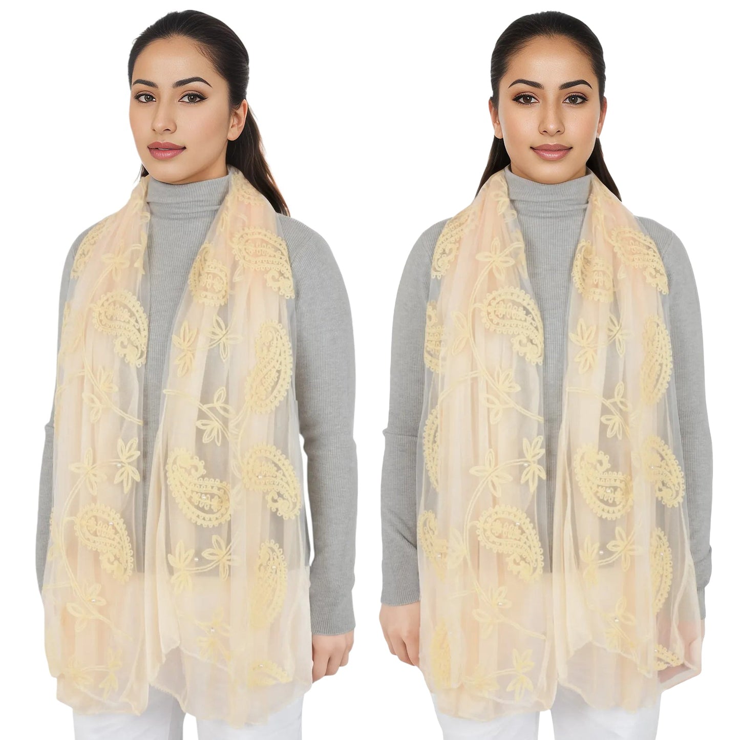 Embroidered Floral Lace Scarf Solid Double Layered Faux Pearls Long Wrap Scarf