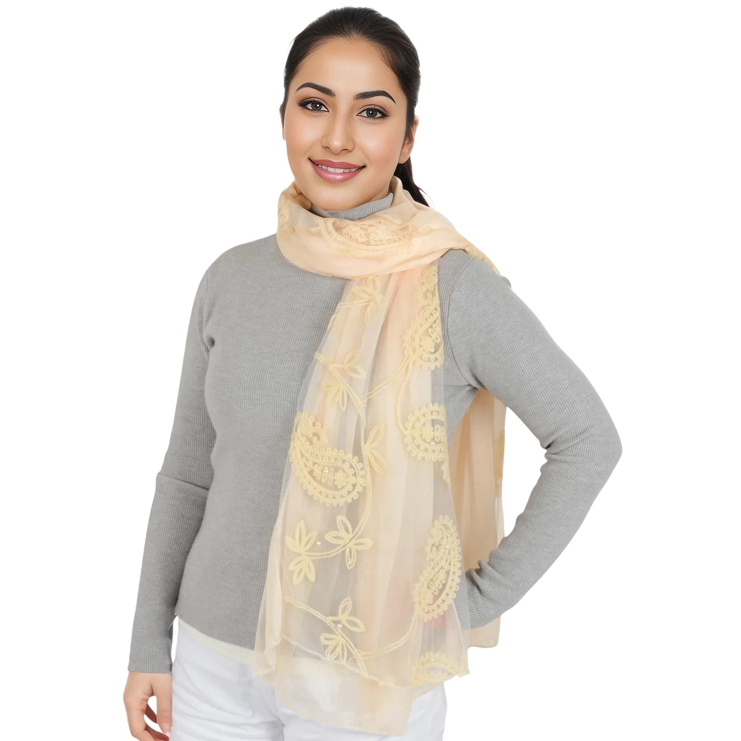 Embroidered Floral Lace Scarf Solid Double Layered Faux Pearls Long Wrap Scarf