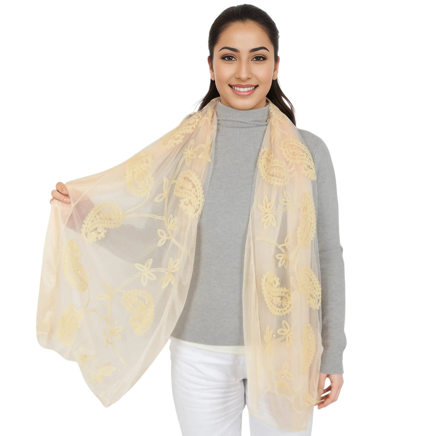 Embroidered Floral Lace Scarf Solid Double Layered Faux Pearls Long Wrap Scarf