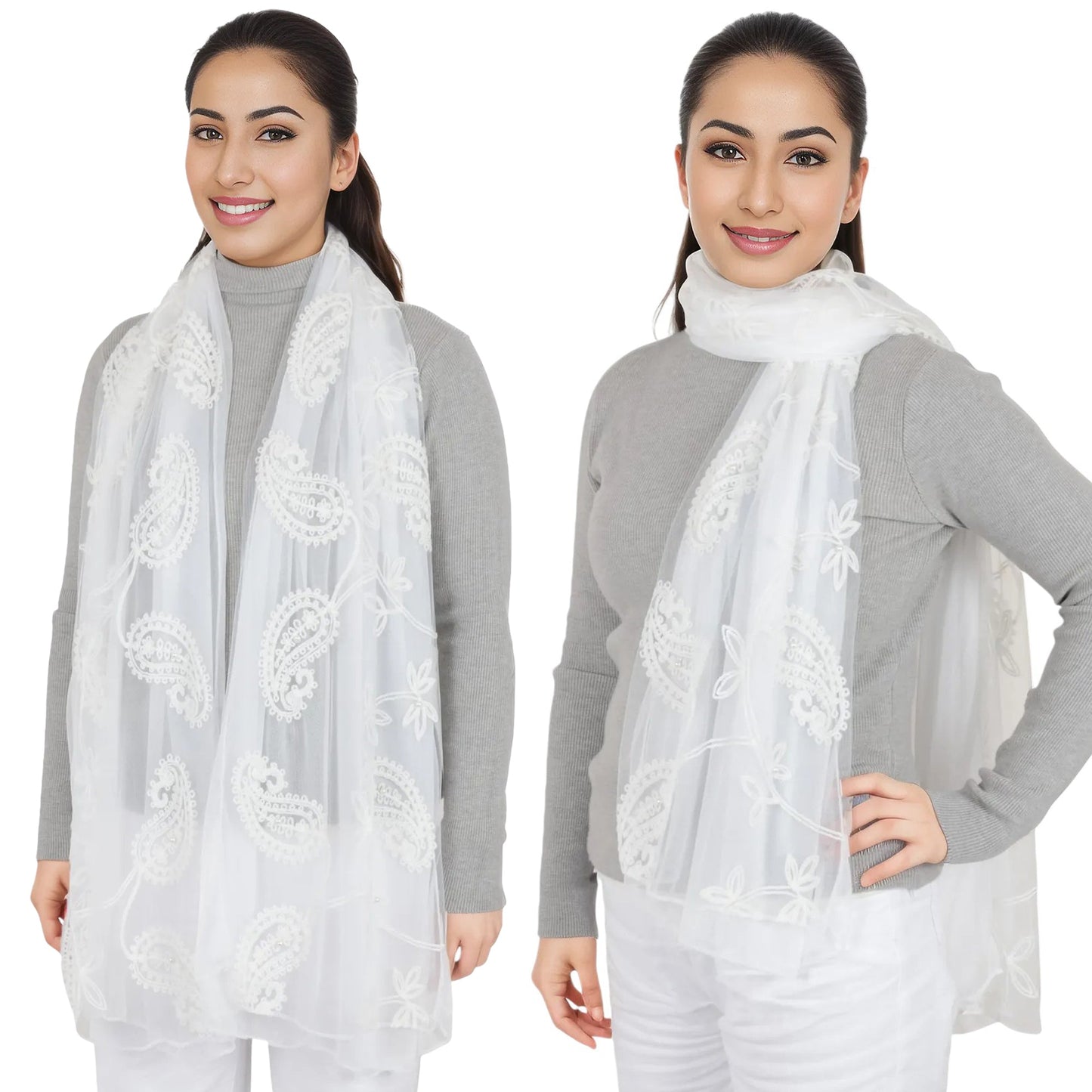 Embroidered Floral Lace Scarf Solid Double Layered Faux Pearls Long Wrap Scarf