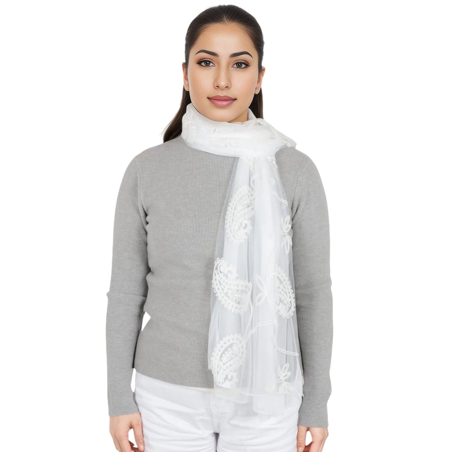 Embroidered Floral Lace Scarf Solid Double Layered Faux Pearls Long Wrap Scarf