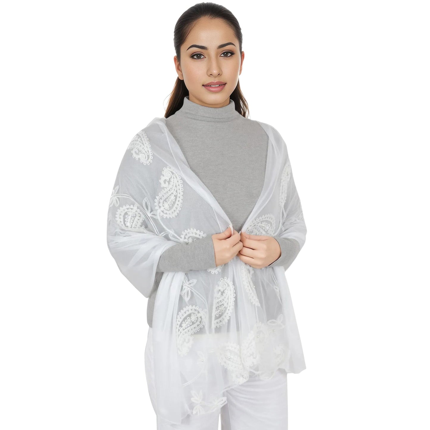 Embroidered Floral Lace Scarf Solid Double Layered Faux Pearls Long Wrap Scarf