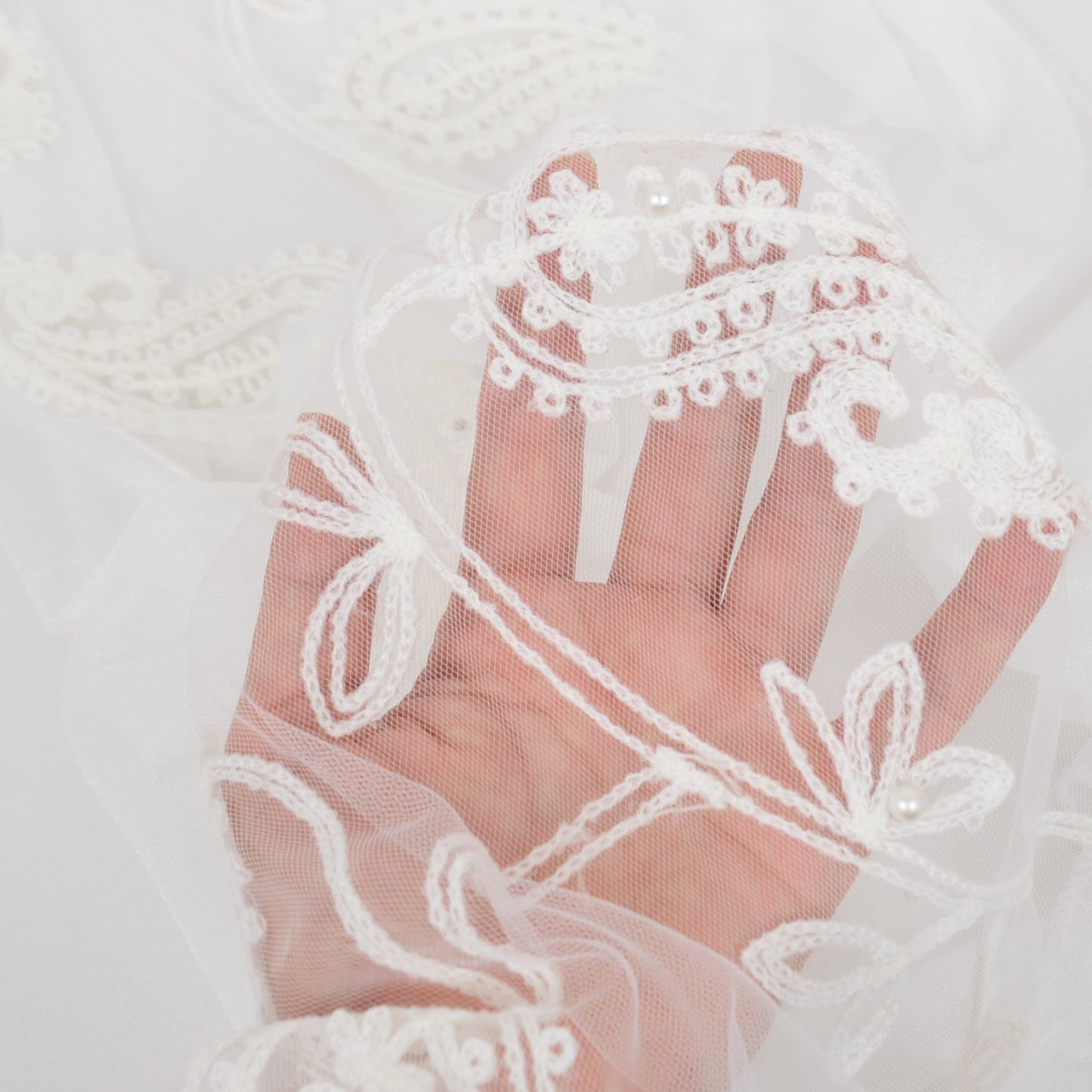 Embroidered Floral Lace Scarf Solid Double Layered Faux Pearls Long Wrap Scarf