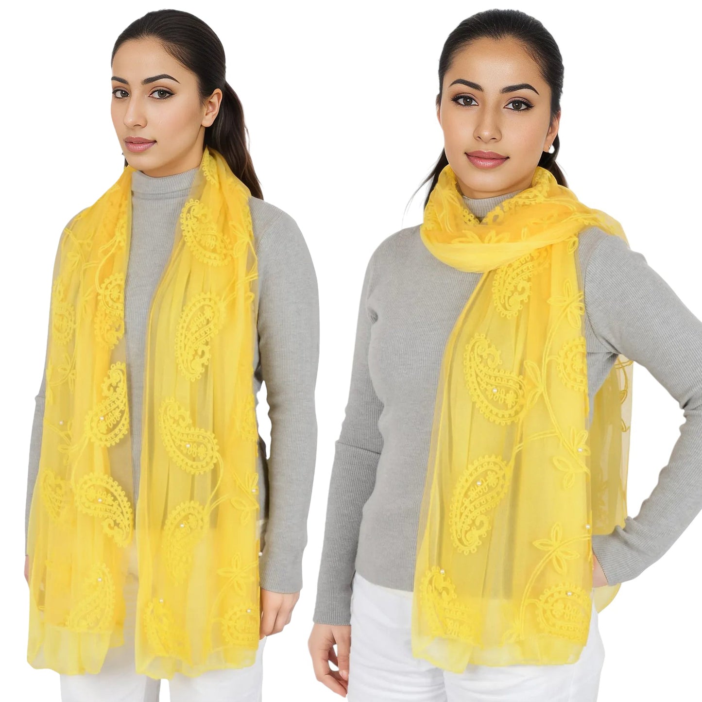 Embroidered Floral Lace Scarf Solid Double Layered Faux Pearls Long Wrap Scarf