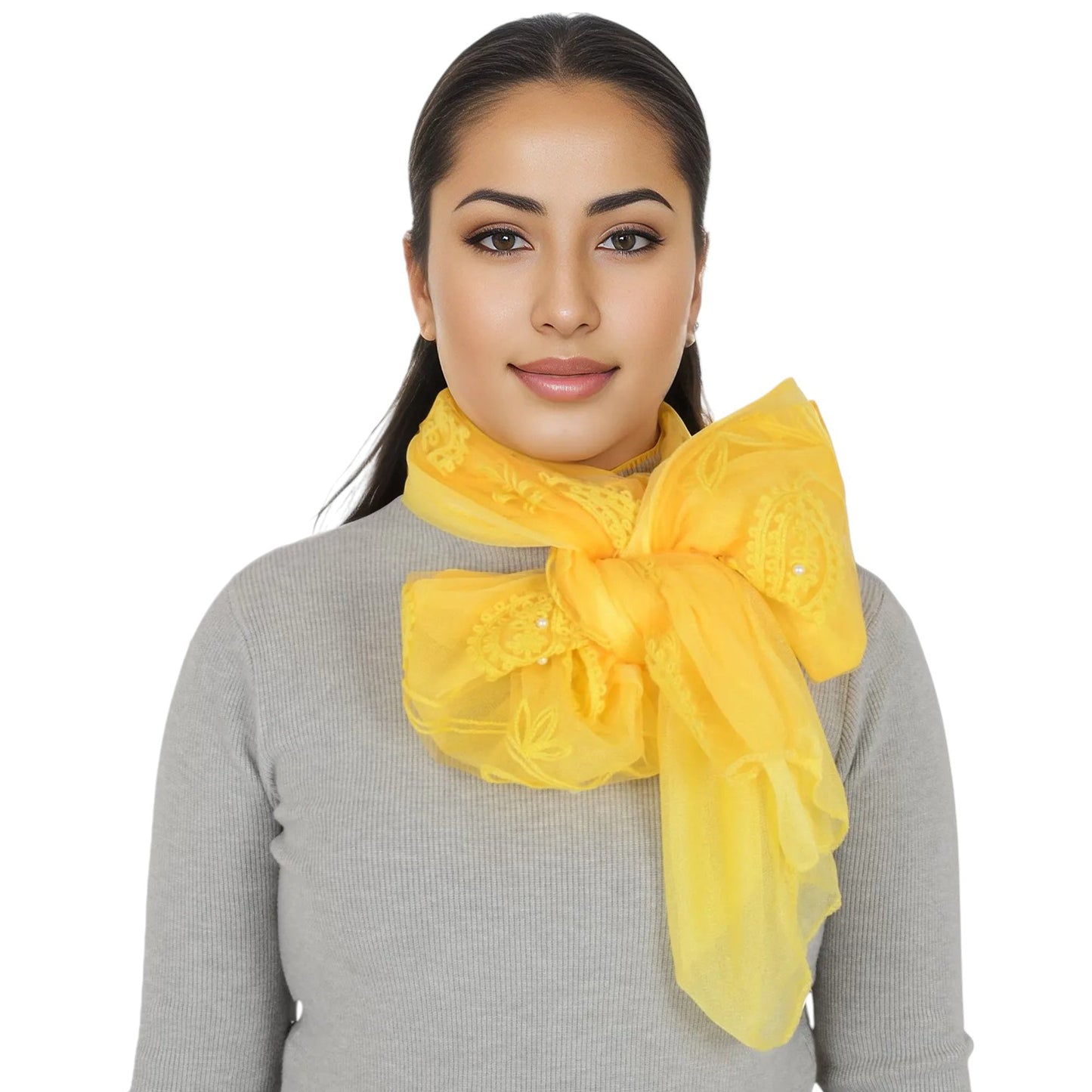 Embroidered Floral Lace Scarf Solid Double Layered Faux Pearls Long Wrap Scarf