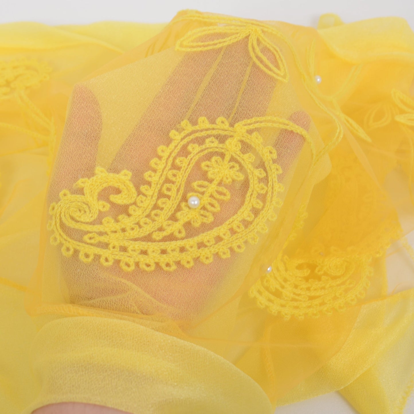 Embroidered Floral Lace Scarf Solid Double Layered Faux Pearls Long Wrap Scarf