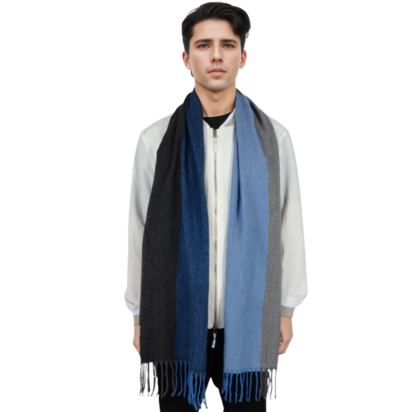 Cashmere Feel Winter Scarf Lightweight Striped Tassel Wrap Shawl Scarves for Men