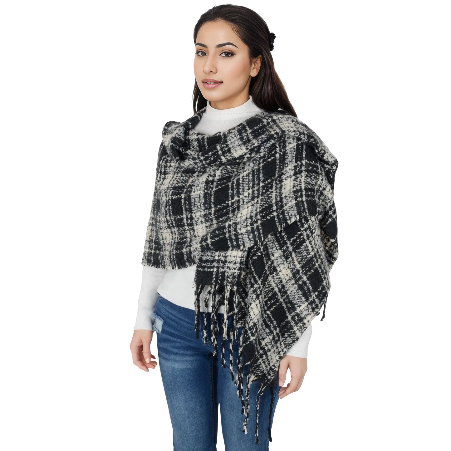 Plaid Winter Scarf Fringed Soft Warm Wrap Shawl Scarf for Women 23.6 x 70.9 inch