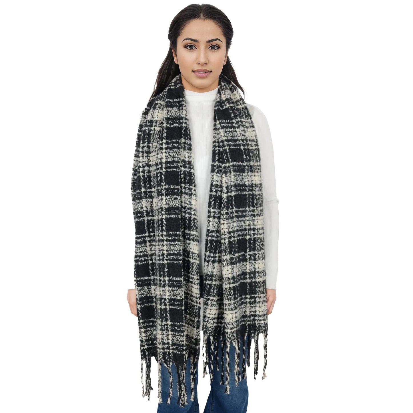 Plaid Winter Scarf Fringed Soft Warm Wrap Shawl Scarf for Women 23.6 x 70.9 inch