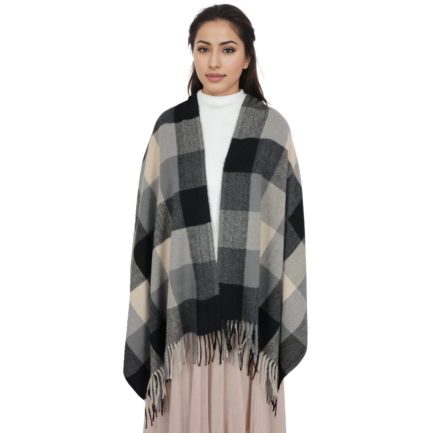 Classic Plaid Winter Scarf Soft Cashmere Feel Wrap Shawl Check Tassel Scarves for Women