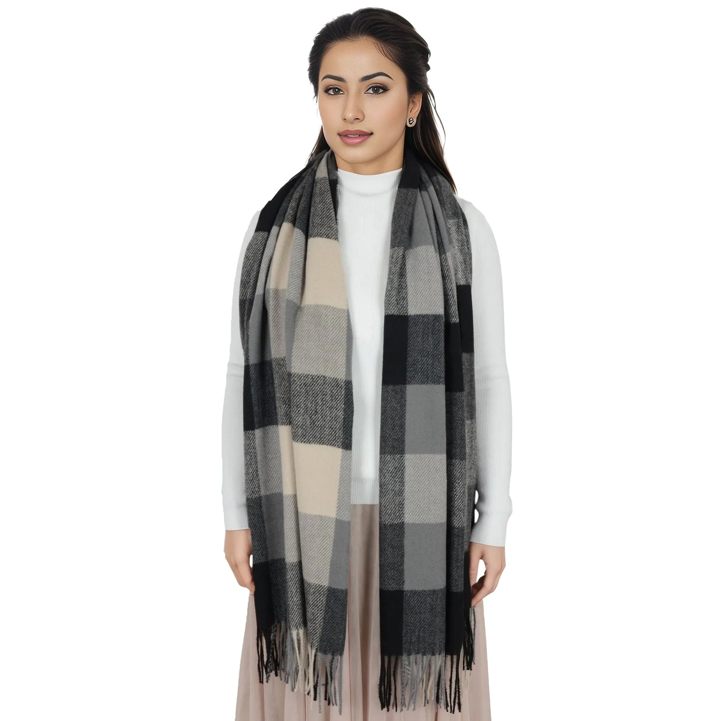 Classic Plaid Winter Scarf Soft Cashmere Feel Wrap Shawl Check Tassel Scarves for Women