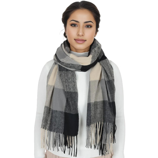 Classic Plaid Winter Scarf Soft Cashmere Feel Wrap Shawl Check Tassel Scarves for Women