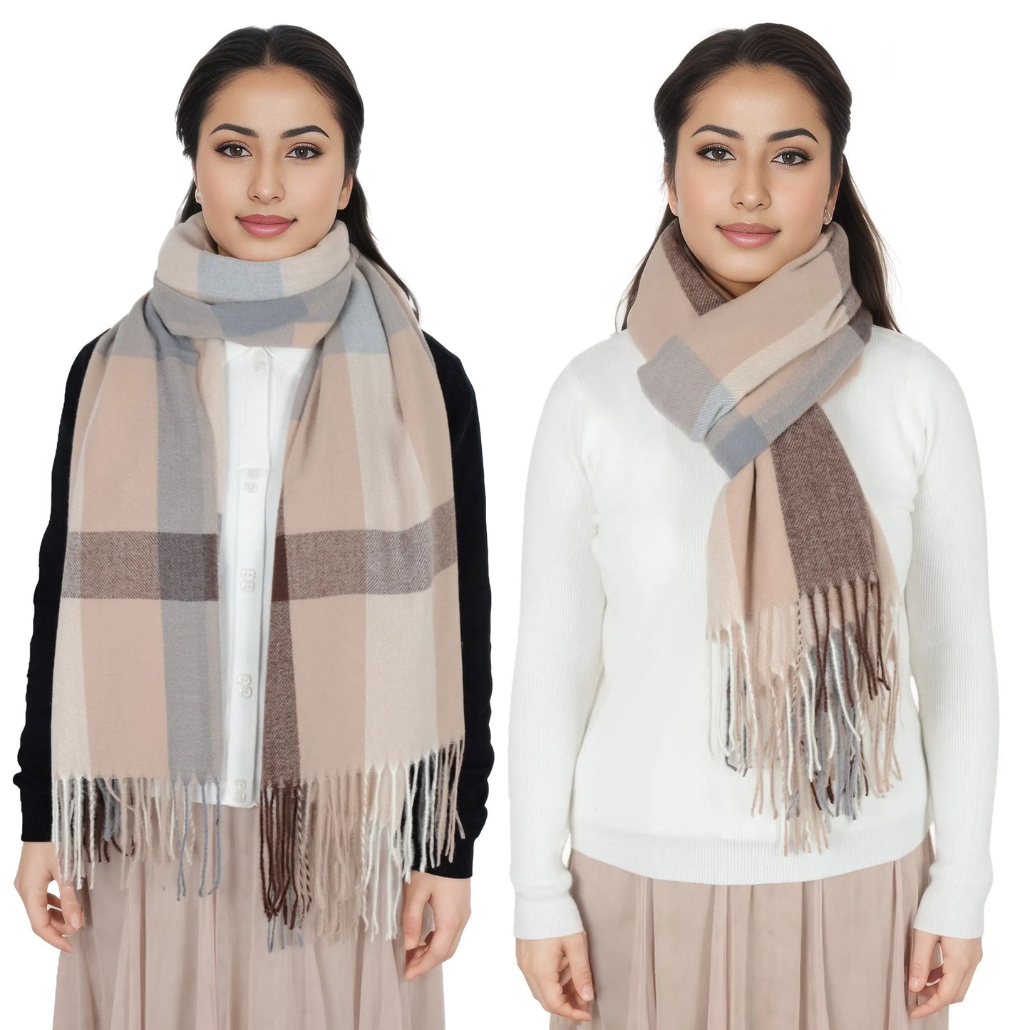 Classic Plaid Winter Scarf Soft Cashmere Feel Wrap Shawl Check Tassel Scarves for Women