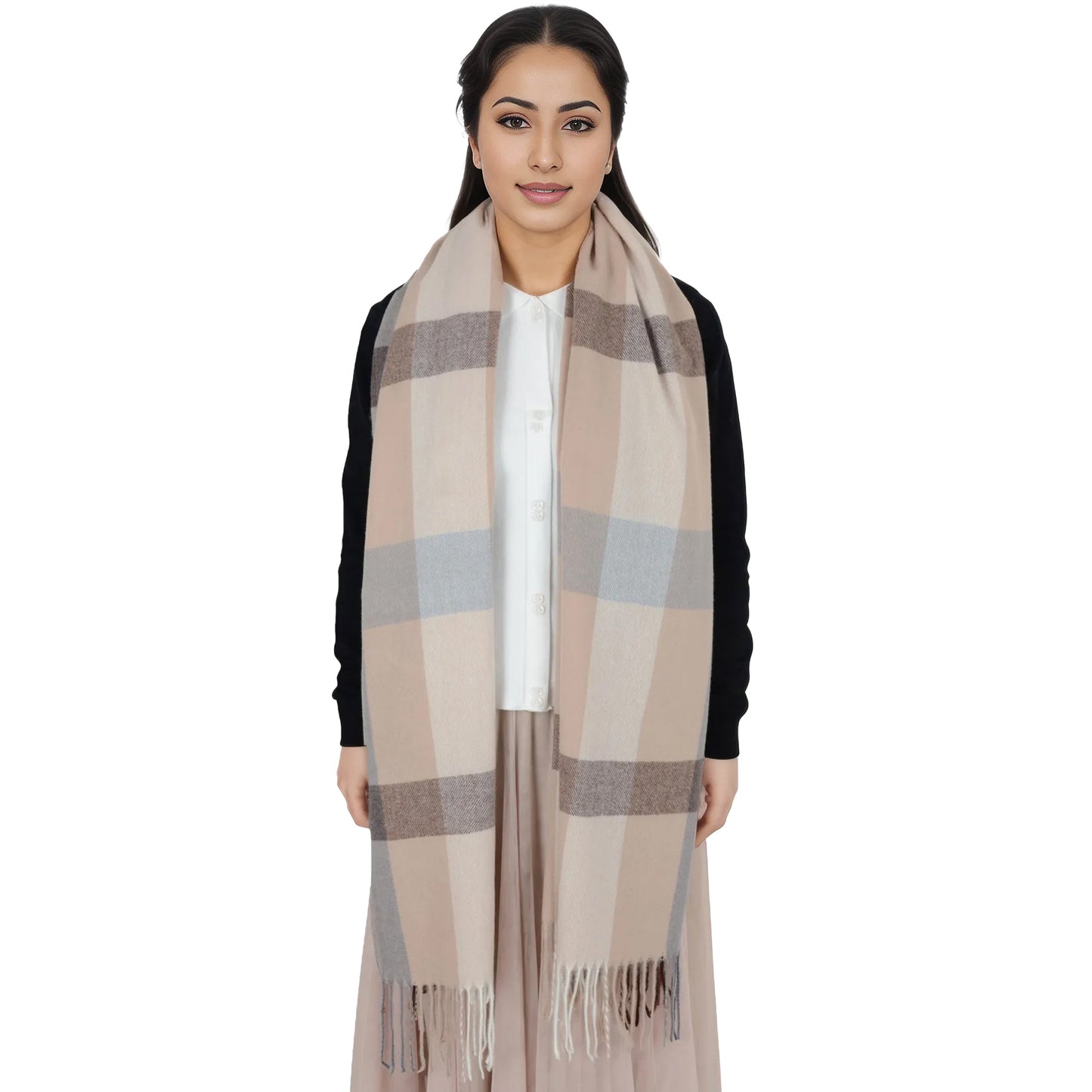 Classic Plaid Winter Scarf Soft Cashmere Feel Wrap Shawl Check Tassel Scarves for Women
