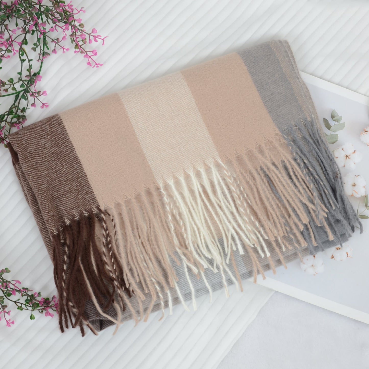 Classic Plaid Winter Scarf Soft Cashmere Feel Wrap Shawl Check Tassel Scarves for Women