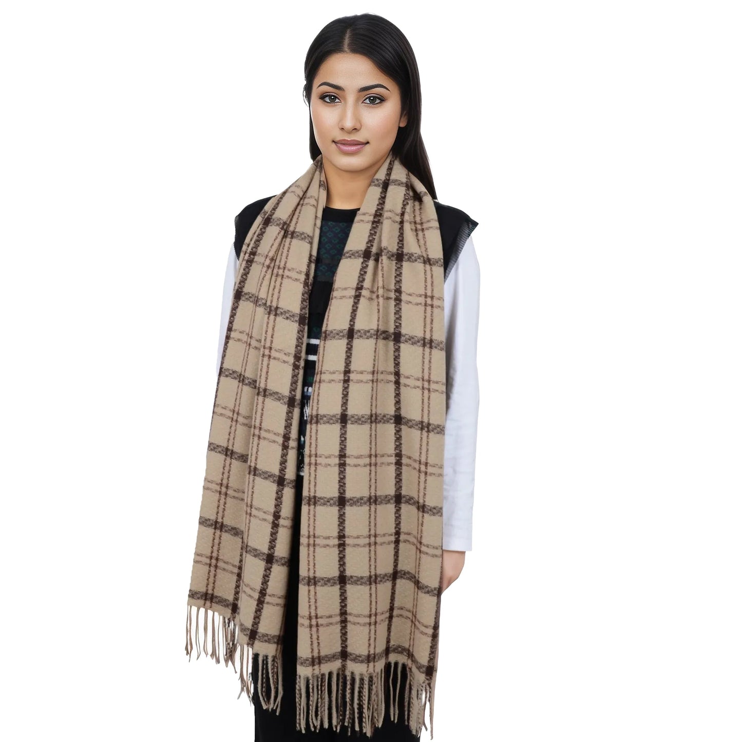 Classic Plaid Winter Scarf Soft Cashmere Feel Wrap Shawl Check Tassel Scarves for Women