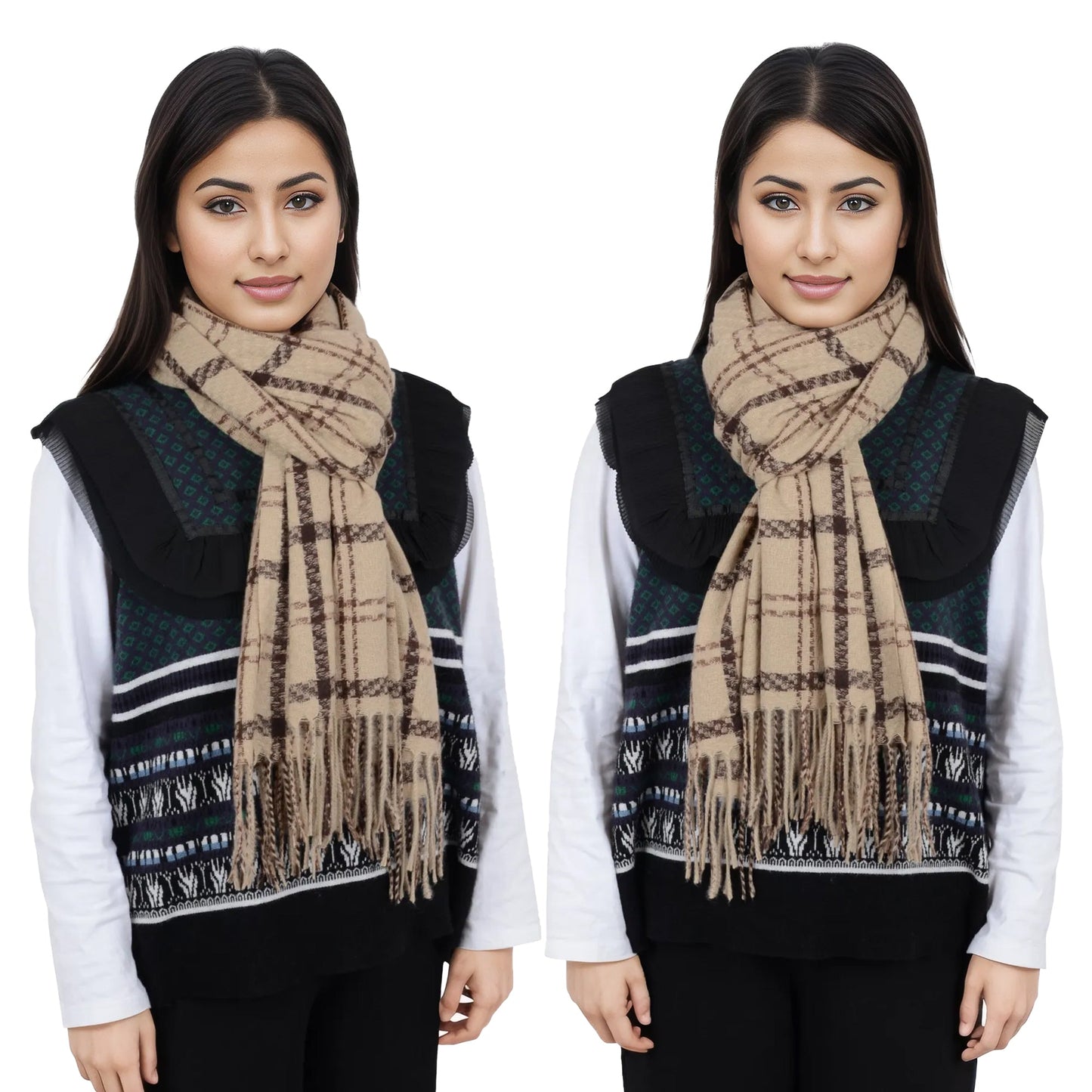 Classic Plaid Winter Scarf Soft Cashmere Feel Wrap Shawl Check Tassel Scarves for Women