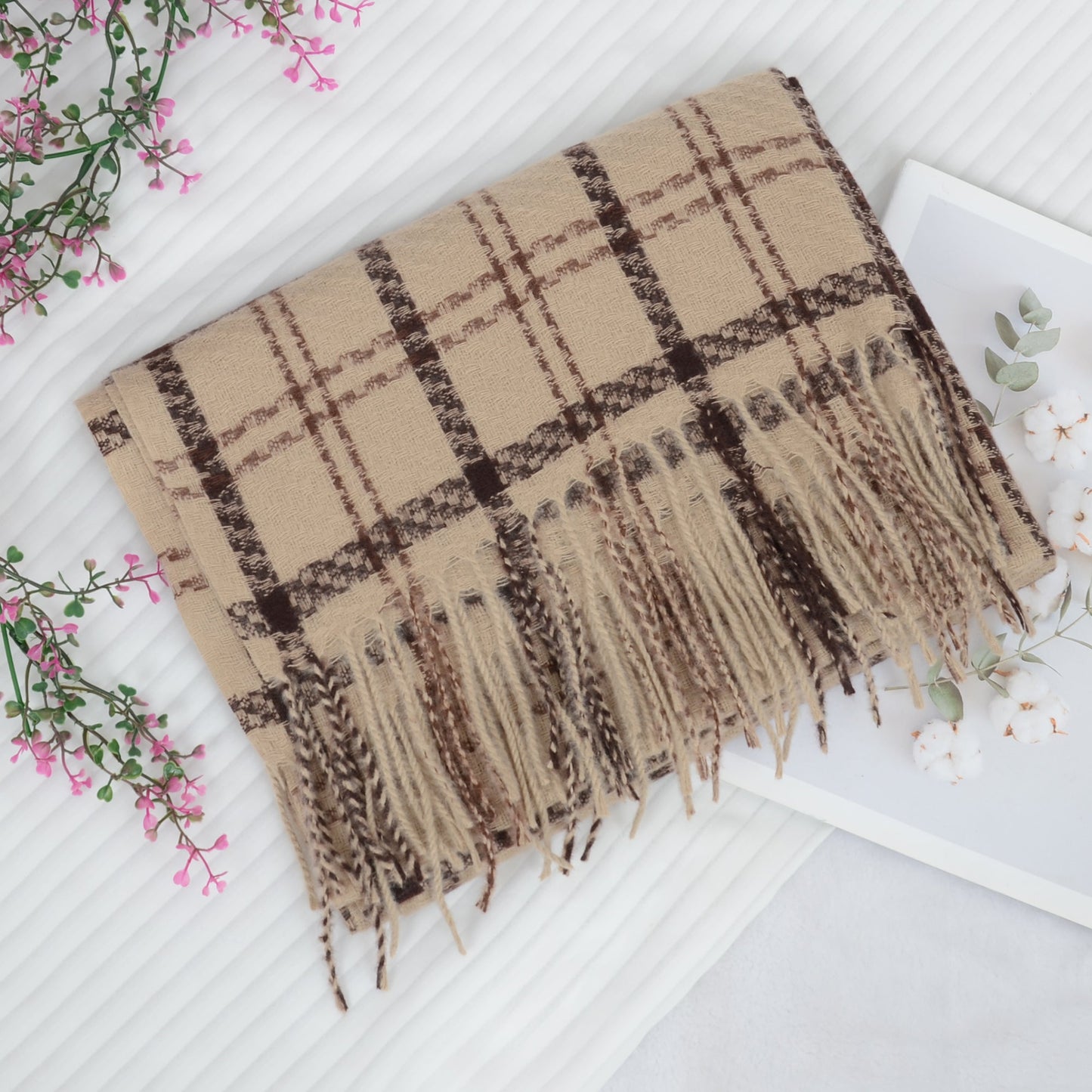 Classic Plaid Winter Scarf Soft Cashmere Feel Wrap Shawl Check Tassel Scarves for Women